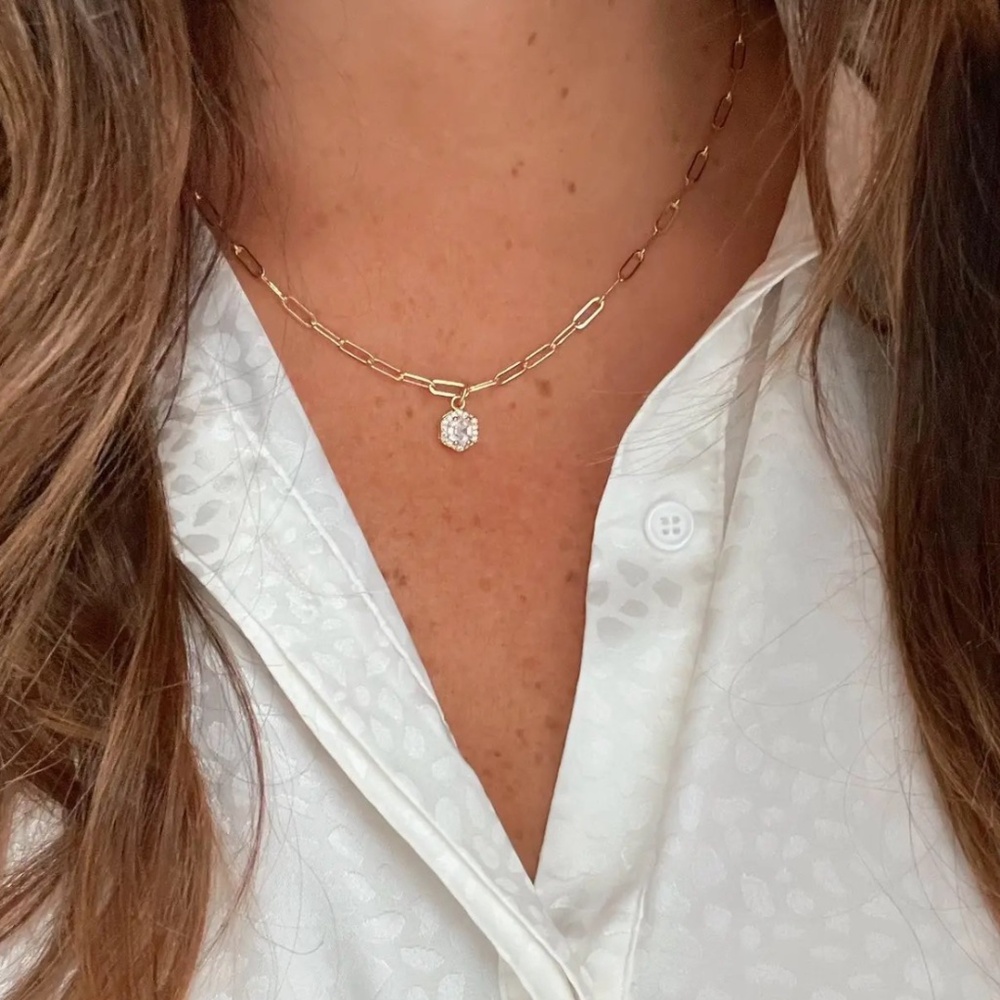 True By Kristy Stella Luxe Crystal Necklace Paperclip Gold Filled Chain 18"